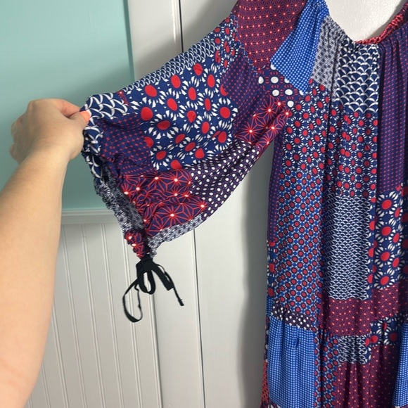 Smarteez Italy 100% Silk Patchwork Off Shoulder Red White and Blue Midi Dress 2 - Picture 3 of 11